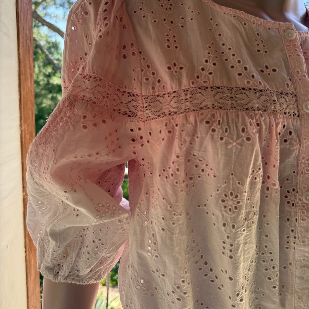 NWT Sanctuary Sugar pale pink blush ombré eyelet top blouse‎ cotton S button up